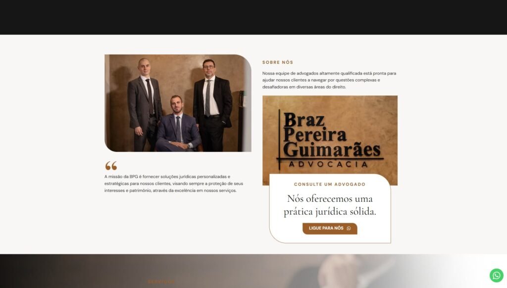 Seção sobre a BPG Advocacia, destacando a experiência e áreas de atuação do escritório.