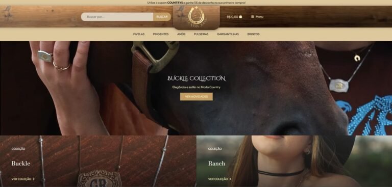 Capa do site Country Joias Loja Virtual com banner hero e categorias de produtos, como anéis, colares e brincos.