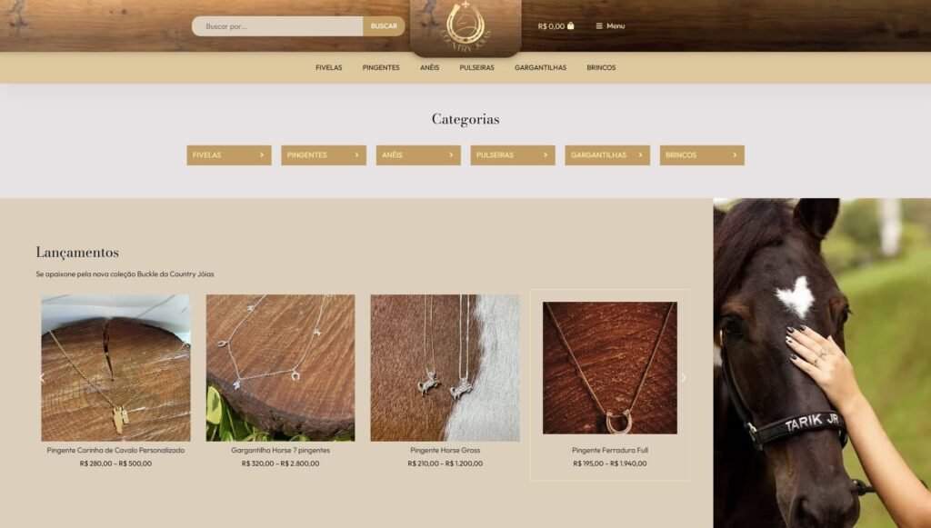 Página inicial do site Country Joias Loja Virtual exibindo produtos em destaque, como joias e acessórios exclusivos.