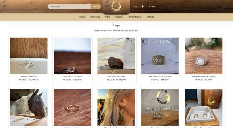 Página de produtos da Country Joias Loja Virtual com diferentes modelos de anéis, colares, brincos e outros acessórios.