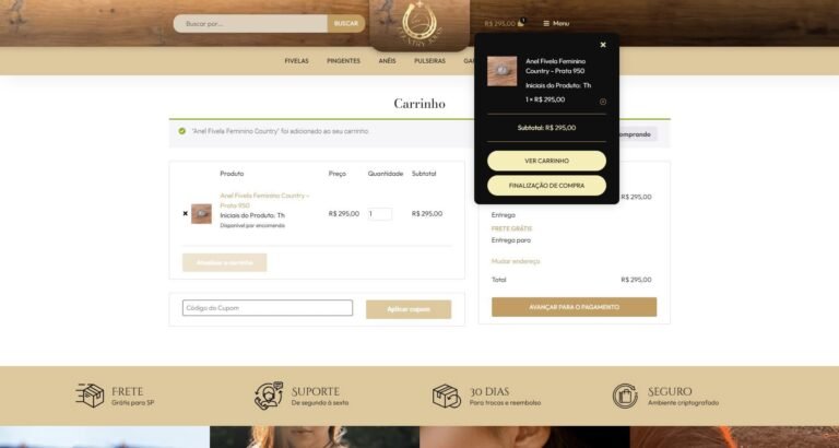 Rodapé do site Country Joias Loja Virtual com links para Instagram, benefícios da loja e redes sociais.