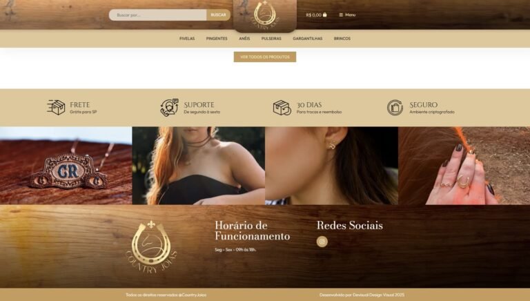 Rodapé do site Country Joias Loja Virtual com links para Instagram, benefícios da loja e redes sociais.