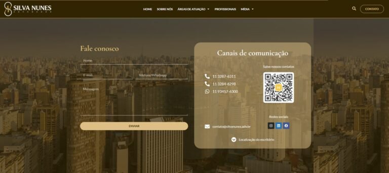 Rodapé do site Silva Nunes com formulário de contato para envio de mensagens, incluindo campos para nome, e-mail e mensagem, além de ícones de redes sociais e informações de contato