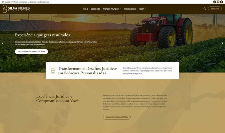 Captura de tela da página inicial do site da Silva Nunes Advogados, apresentando um design moderno e profissional, com layout responsivo e navegação intuitiva. A imagem destaca a identidade visual do escritório e a proposta de valor para seus clientes.