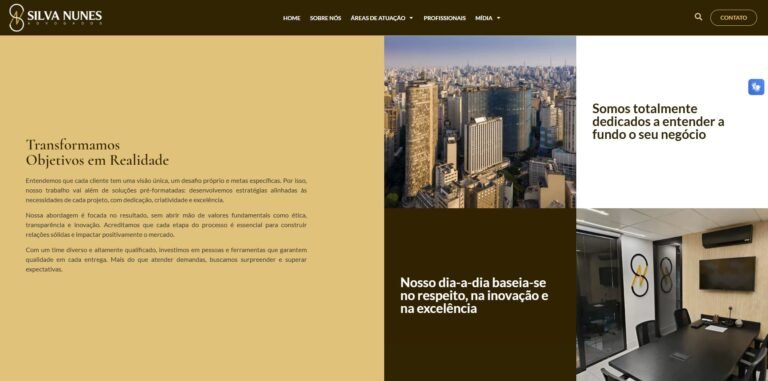 Seção sobre o escritório na página inicial do site da Silva Nunes Advogados, destacando sua abordagem estratégica, ética e inovadora no atendimento aos clientes. A imagem apresenta um design elegante, combinando elementos visuais modernos e uma paleta de cores sofisticada.