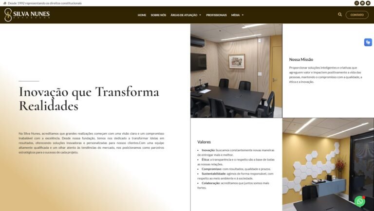 Apresentação institucional do escritório Silva Nunes Advogados, destacando sua missão, valores e compromisso com a transparência, inovação e excelência no atendimento jurídico.