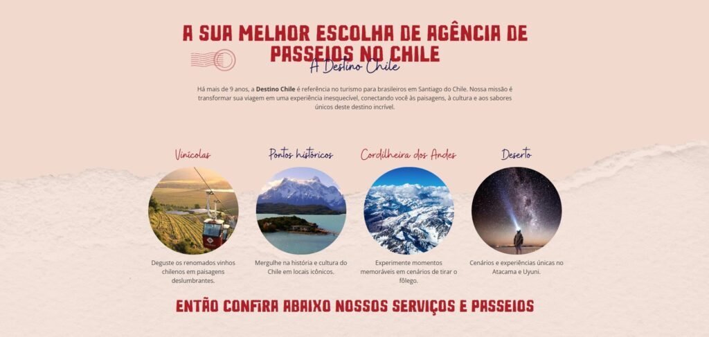 Passeios e experiências exclusivas da Destino Chile, oferecendo o melhor do turismo local
