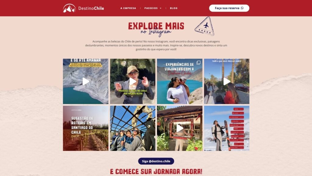 Instagram da Destino Chile mostrando experiências e destinos turísticos no Chile