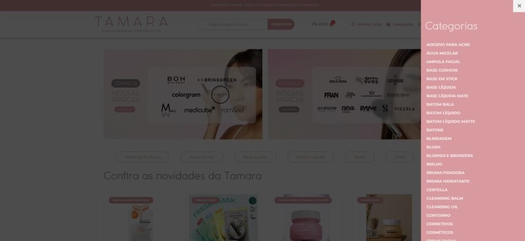 Lista de categorias de produtos no menu lateral do site da Tamara Make