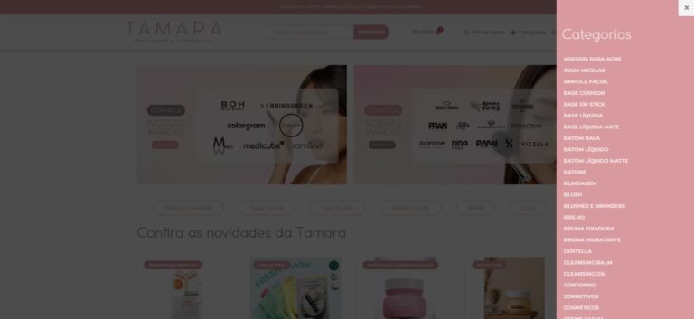 Lista de categorias de produtos no menu lateral do site da Tamara Make