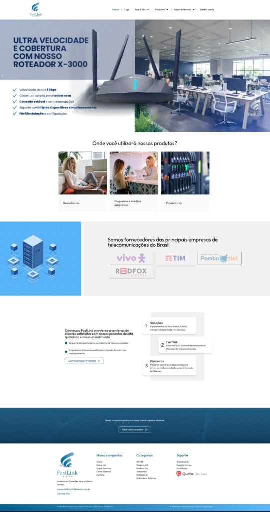 Visão geral da homepage da FastLink com destaque para produtos como modems 4G/5G, roteadores, nobreaks e suporte técnico
