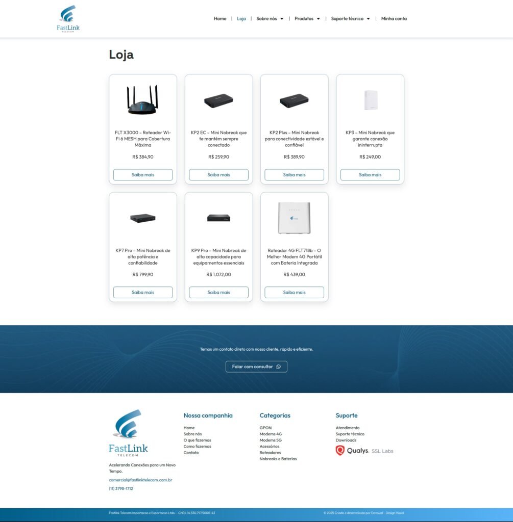 Página da loja online com modems, roteadores e nobreaks