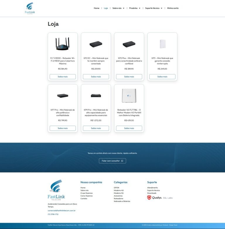 Página da loja online com modems, roteadores e nobreaks