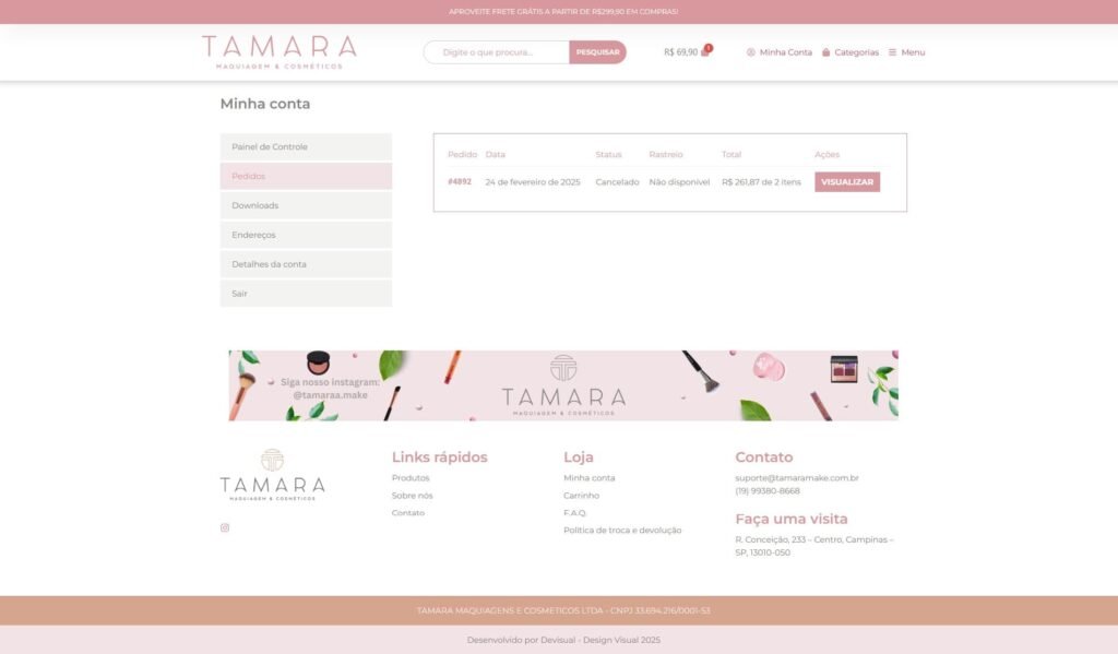 Página de pedidos e painel de controle da conta do cliente na Tamara Make