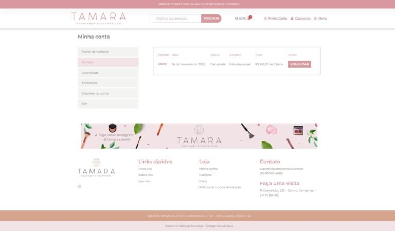Página de pedidos e painel de controle da conta do cliente na Tamara Make