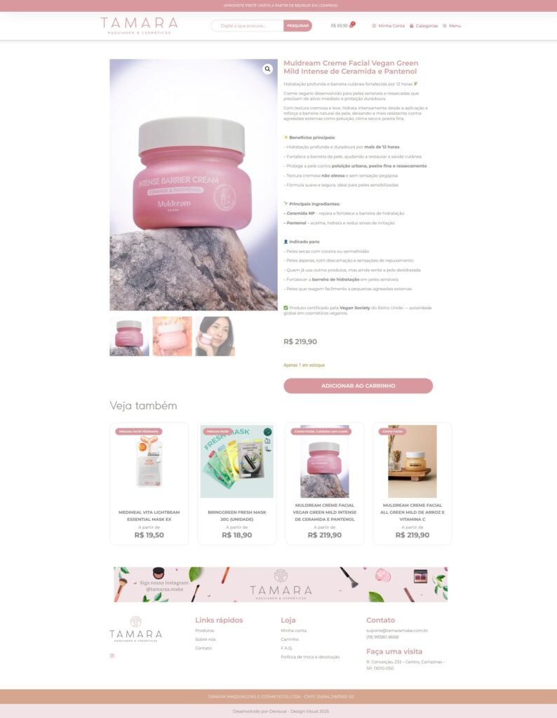 Creme facial Muldream Vegan Green Mild Intense com ceramida e pantenol da Tamara Make