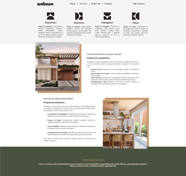 Página institucional com imagens de projetos e textos descritivos sobre serviços