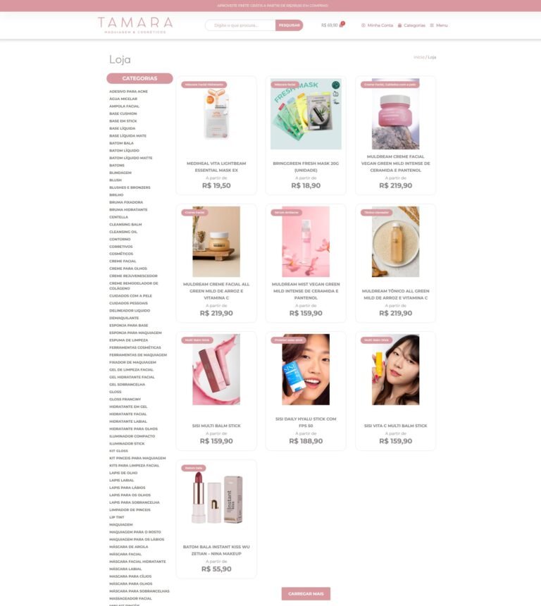 Página da loja com exibição de diversos produtos cosméticos disponíveis para compra