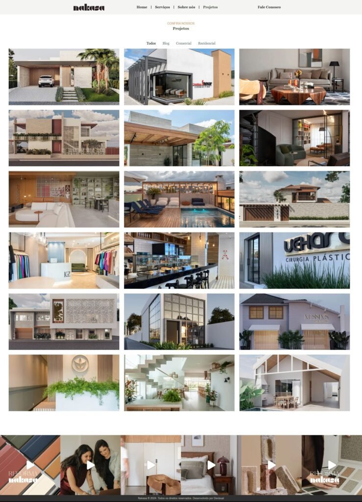 Galeria de projetos da Nakasa com imagens de obras comerciais e residenciais