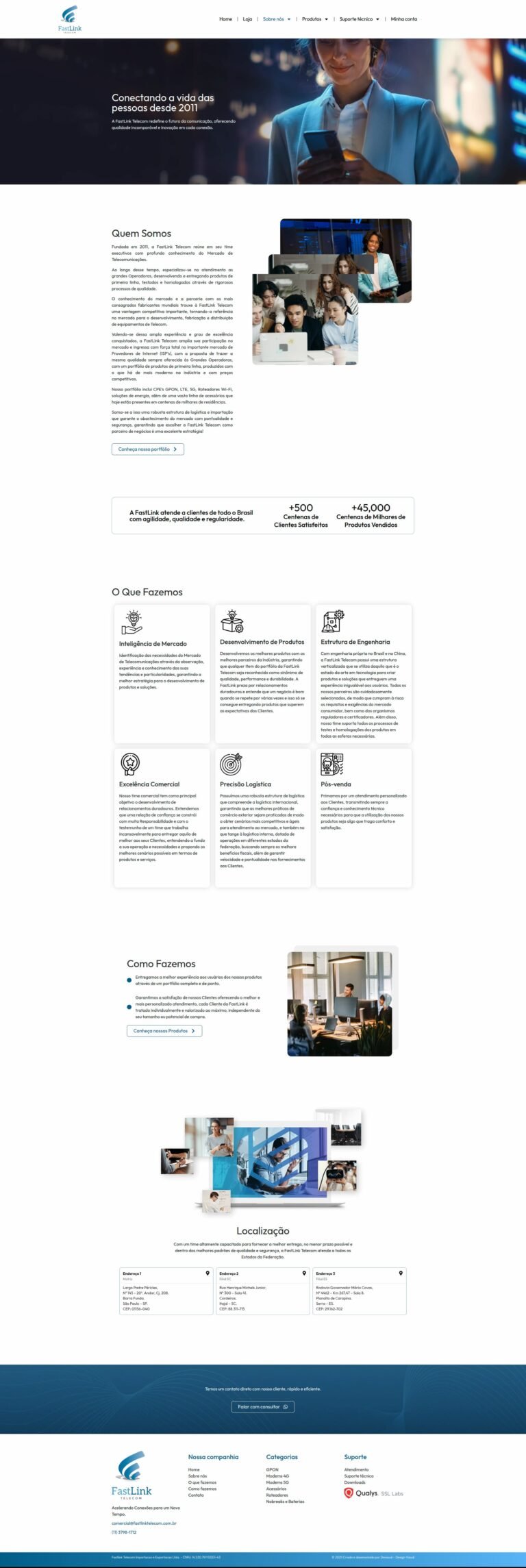 Seção institucional com informações sobre a empresa e sua atuação desde 2011