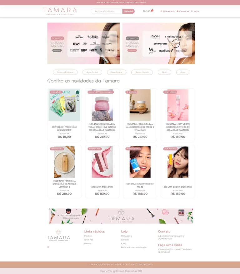 Homepage da Tamara Make com destaques das marcas e novidades em cosméticos