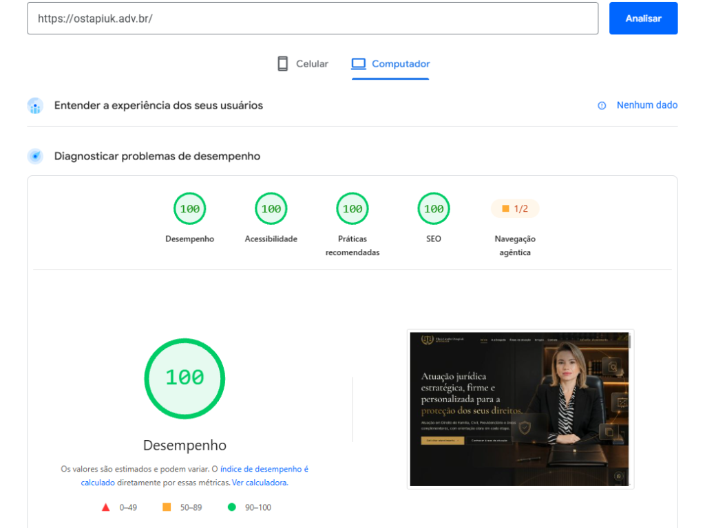 Relatório PageSpeed Insights do site para advogada Ostapiuk Advocacia em computador