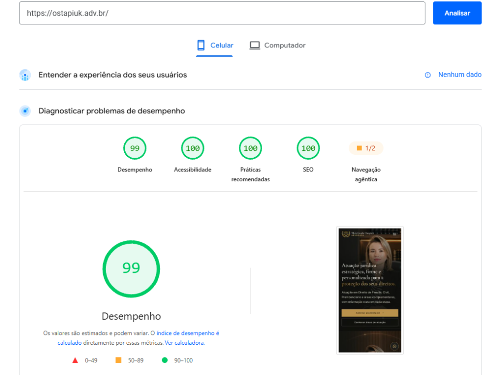 Relatório PageSpeed Insights do site para advogada Ostapiuk Advocacia em celular