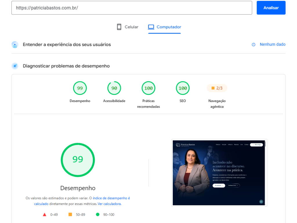 Relatório PageSpeed Insights do site para palestrante Patrícia Bastos em computador