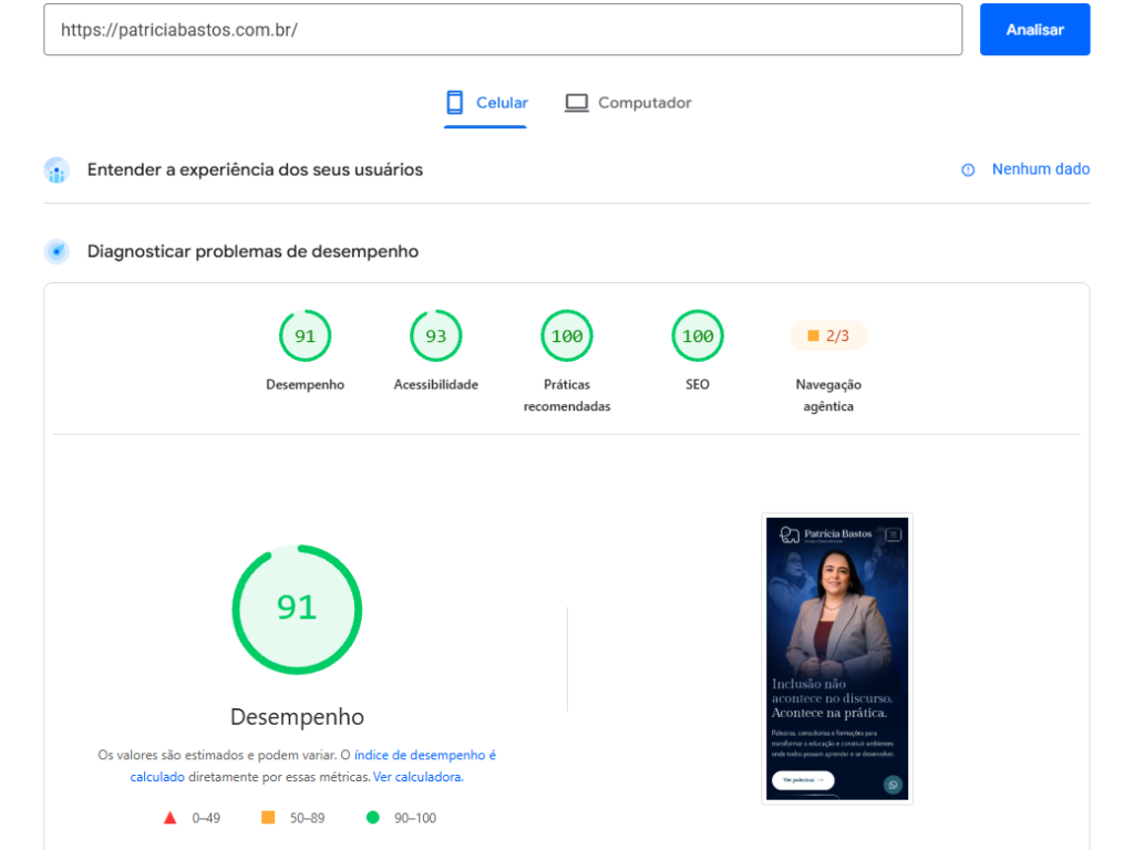 Relatório PageSpeed Insights do site para palestrante Patrícia Bastos em celular