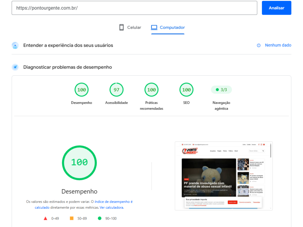 Relatório PageSpeed Insights da criação de portal de notícias Ponto Urgente em computador