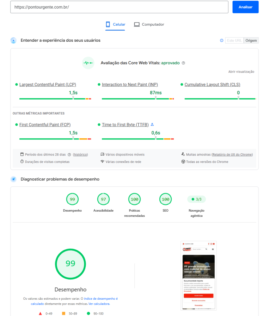 Relatório PageSpeed Insights da criação de portal de notícias Ponto Urgente em celular